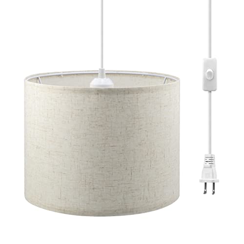 Plug in Pendant Light,15 FT Hanging Lamp with Plug in Cord, On/Off Switch, Pendant Lighting with Fabric Shade, Hanging Light Fixture for Living Room, Bedroom, Dining Room, Kitchen (Beige)