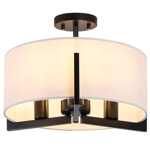 14inch Semi Flush Mount Ceiling Light: 3-Light Black Modern Light Fixtures Ceiling Mount with Drum Fabric Shade, Close to Ceiling Lighting for Bedroom, Kitchen, Entryway, Foyer(Bulb Exclude)