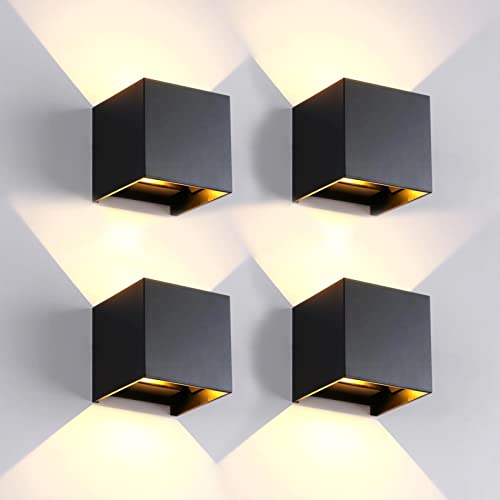 2 Pack LED Outdoor Wall Lights Exterior/Interior, Up and Down Lights IP65 Waterproof Wall Sconces, Square Aluminum Outdoor Wall Lighting Fixtures, Modern Black 12W 3000K Warm Lights