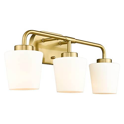 Brushed Gold Bathroom Vanity Light, Farmhouse Brass Sconces Wall Lighting with Milk White Glass, 3-Light Champagne Bronze Light Fixture Over Mirror, AD-22004-3W-GD