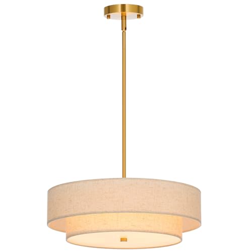 4-Light Drum Chandeliers, 18" Pendant Light Fixture with 2-Layer Fabric Shade E26 Bases, Adjustable Swivel Joint Hanging Light Fixture for Bedroom Living Room Kitchen Hallway, Antique Brass