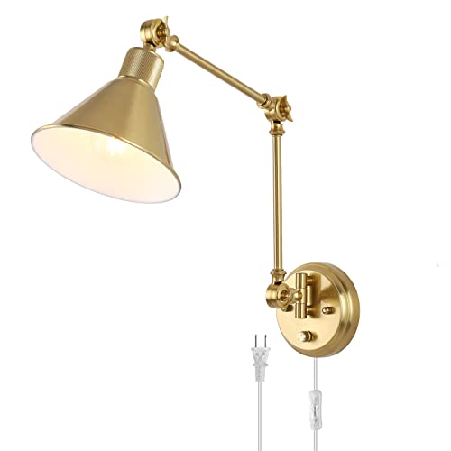 Wall Sconce Plug in, Brushed Brass Dimmable Wall Sconce Swing Arm Wall Lights Plug in Wall Mounted Light with 6FT Plug in Cord, E26 Base, UL Listed(1 Pack)