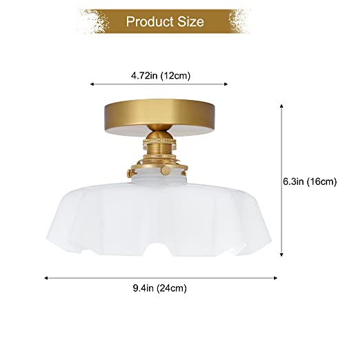 Brass Semi Flush Mount Ceiling Light, Cute Small Green Glass Flush Mount Ceiling Light, Porch Ceiling Light Fixtures, Flower Shape Glass Close to Ceiling Light for Closet Hallway Entryway