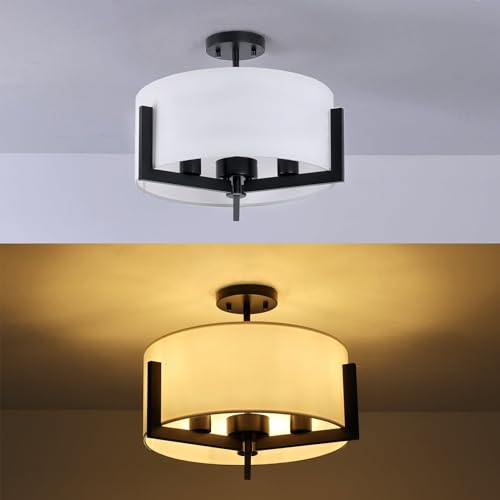 14inch Semi Flush Mount Ceiling Light: 3-Light Black Modern Light Fixtures Ceiling Mount with Drum Fabric Shade, Close to Ceiling Lighting for Bedroom, Kitchen, Entryway, Foyer(Bulb Exclude)