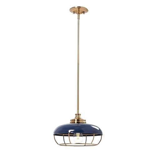 Caged Dome Metal Semi-Flush Mount Ceiling Light, Brushed Brass and Navy Blue