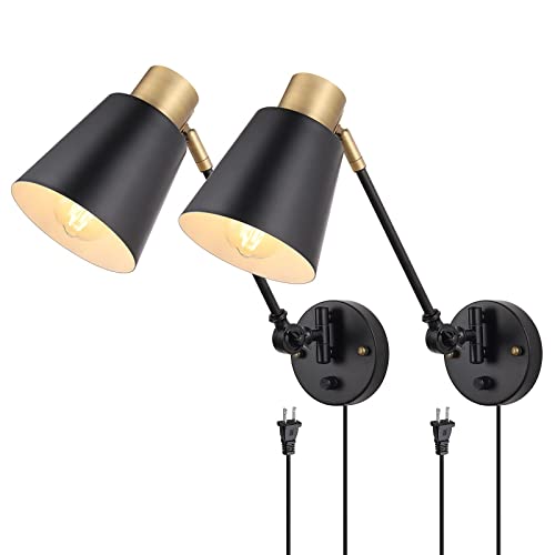 Dimmable Wall Lamp with Plug in Cord, ENCOMLI Plug in Wall Sconces Set of Two, Swing Arm Sconces Wall Lighting with On Off Switch, Metal Black Brass Industrial Wall Sconce Plug in Wall Light, E26 Base