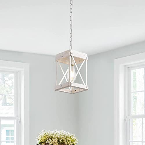 Modern Farmhouse Antique White Distressed Pendant Light with Wood and Metal Cage, One-Light Adjustable Chains Rustic Mini Pendant Lighting Fixture for Kitchen Island Cafe Bar