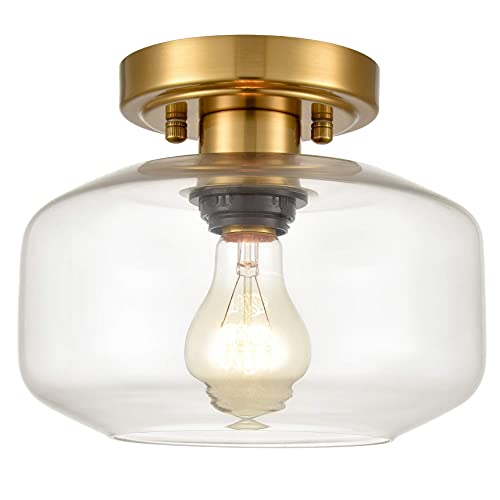 Modern Farmhouse Semi Flush Mount Ceiling Light Gold Hallway Light Fixture Ceiling Hung Opal Milk Glass Shade