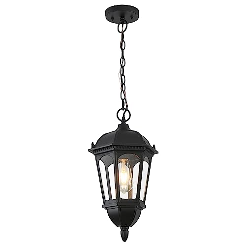 Large Outdoor Pendant Porch Light, 17.5''H Outdoor Hanging Lights, Waterproof Outside Chandelier Light, Black Exterior Hanging Front Lights with Clear Glass for Porch, Patio, Entryway