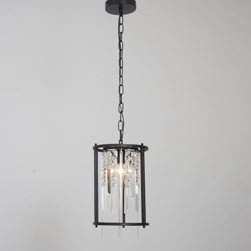 Crystal Chandelier Farmhouse Industrial Pendant Lights Modern Ceiling Light Fixture for Kitchen Island Living Room Bedroom Hallway Foyer 8 Inch Black UL Listed