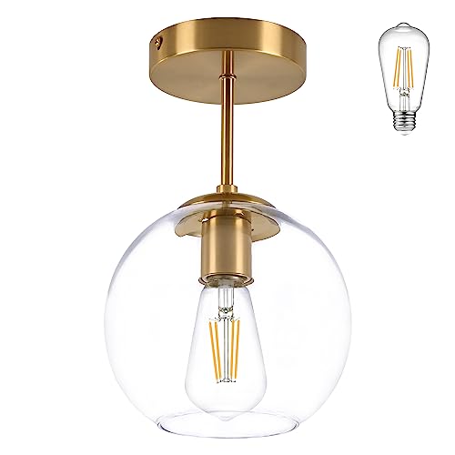 Gold Semi Flush Mount Ceiling Light Fixture with Clear Glass Light Fixture Mid Century Light Fixture Gold Semi Flush Ceiling Light Fixture for Dining Room Living Room Kitchen Island (Bulb Incl)