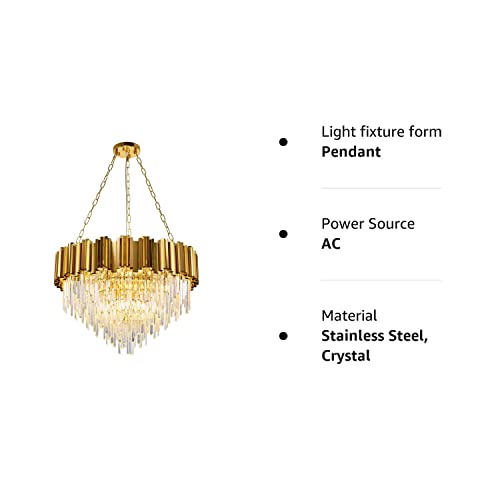 Modern K9 Crystal Pendant Lighting, Round Gold Crystal Chandelier Contemporary Luxury Pendant Ceiling Lighting Fixture for Dining Living Room Kitchen Island, Antique Gold