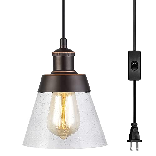 Rustic Glass Pendant Light with Handblown Clear Seeded Glass Shade, One-Light Adjustable Industrial Cone Mini Pendant Lighting Fixture for Kitchen Island Cafe Bar Farmhouse, Oil Rubbed Bronze