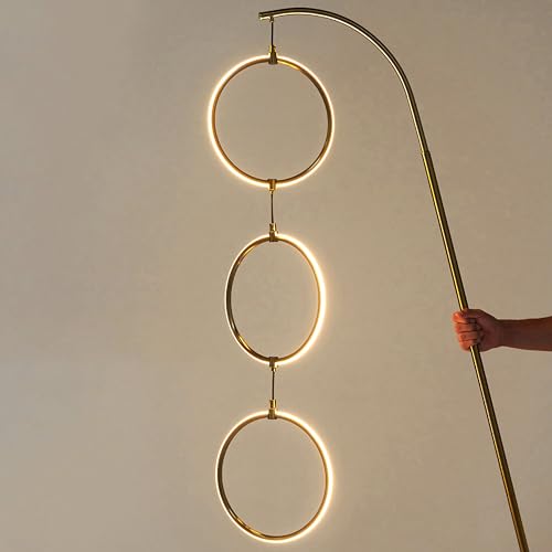 Brightech Nova Modern Floor Lamp - Contemporary Arc Tall Lamp with 3-Circle Ring-Style Pendant - Over the Couch Standing Lamp on Arching Pole - Eclectic Tall Lamp Matches Living Room Décor - Gold