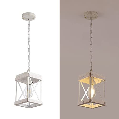 Modern Farmhouse Antique White Distressed Pendant Light with Wood and Metal Cage, One-Light Adjustable Chains Rustic Mini Pendant Lighting Fixture for Kitchen Island Cafe Bar