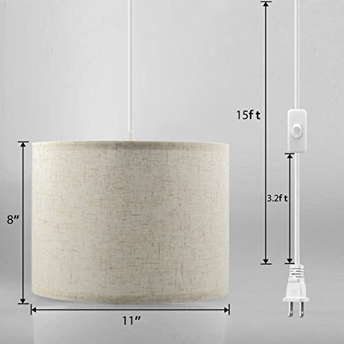 Plug in Pendant Light,15 FT Hanging Lamp with Plug in Cord, On/Off Switch, Pendant Lighting with Fabric Shade, Hanging Light Fixture for Living Room, Bedroom, Dining Room, Kitchen (Beige)