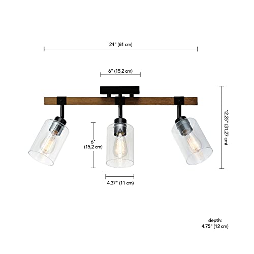 3-Light Track Lighting, Wood Toned, Matte Black Accents, Clear Glass Shades, Kitchen, Bathroom, Home Essentials, Ceiling Light, Dorm, Dining Room, Hallway