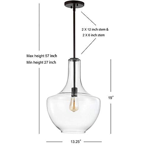 10.5" Glass/Metal LED Pendant Farmhouse Contemporary Dimmable Dining Room Living Room Kitchen Foyer Bedroom Hallway, Oil Rubbed Bronze/Clear