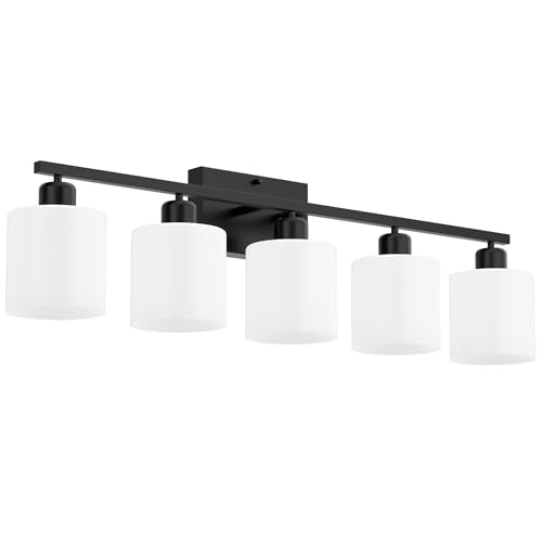 Black Bathroom Light Fixtures Over Mirror, Rustproof Vanity Lights for Bathroom, Modern 3-Light Wall Sconces for Living Room, Milky White Glass Shades, Standard E26 Base, Bulbs Not Included