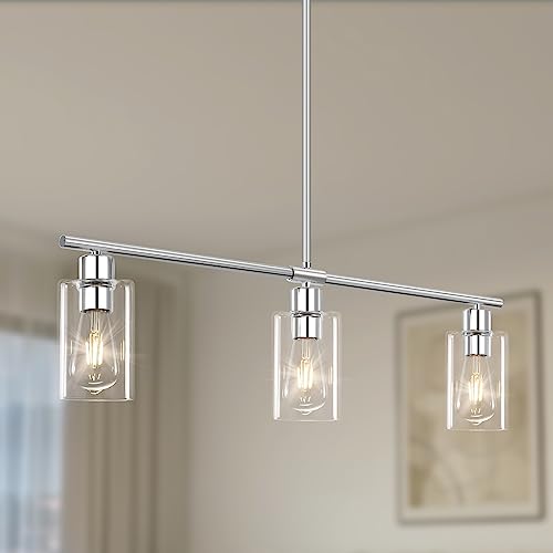 Kitchen Island Lighting, 3 Lights Linear Chandeliers Rectangle Pendant Light Fixtures for Dining Room Farmhouse Hanging Light with Glass Shades Hanging Lights - Gold