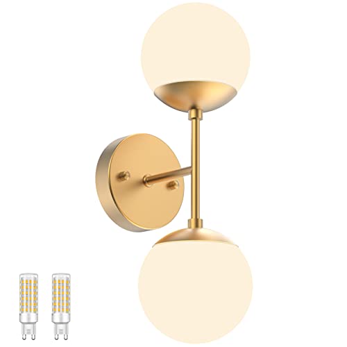 Gold Wall Sconce 1 Light,Mid Century Modern Globe Wall Sconce, Gold Wall Light for Restaurant Living Room Bedside Stairs Bathroom Mirror(3000K G9 Bulbs Include)