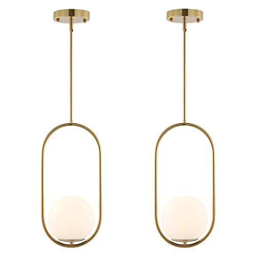 Modern Gold Globe Pendant Light Mid Century Chandelier 1-Light Brushed Brass Ceiling Hanging Lighting Fixture with White Globe Glass Lampshade for Kitchen Island Dining Room Bedroom (2 Pack)