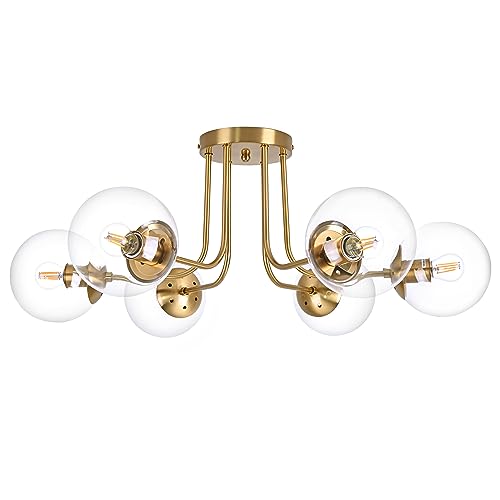 KoKo&Yukina 3-Light Semi Flush Mount Ceiling Light Globe Ceiling Light Mid Century Ceiling Light with Opal Milk Glass Globe & Brushed Brass for Bedroom Hallway Entryway Kitchen Living Room-Bulb Incl