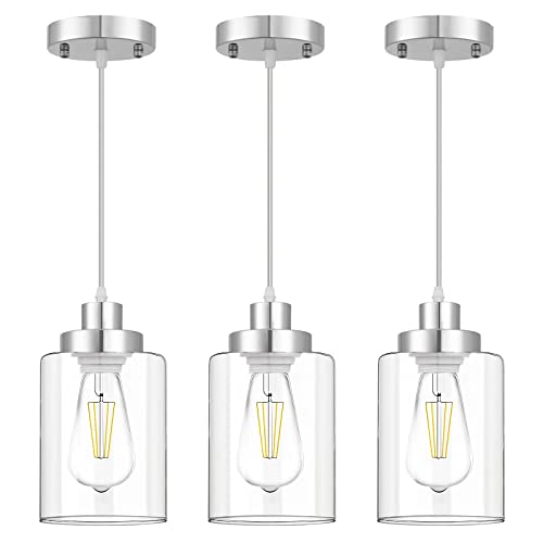 Industrial Pendant Lighting, Modern Clear Glass Shade Farmhouse Adjustable Hanging Light Fixtures for Kitchen Island Living Room Bedroom Hallway, 3-Pack