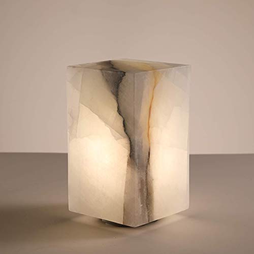 Natural Solid Stone Table Lamp with One-of-a-Kind Crystal Texture, Small Accent Lamp with 3 Colors Dimmable LED, Unique Lamp for Bedroom Living Room, Cuboid White