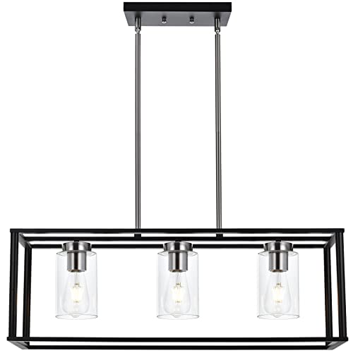 3-Light Industrial Metal Large Pendant Lighting Oil Rubbed Bronze Modern Linear Chandelier with Clear Glass Shades Farmhouse Rustic Ceiling Light Fixtures Hanging for Dining Room Kitchen Island