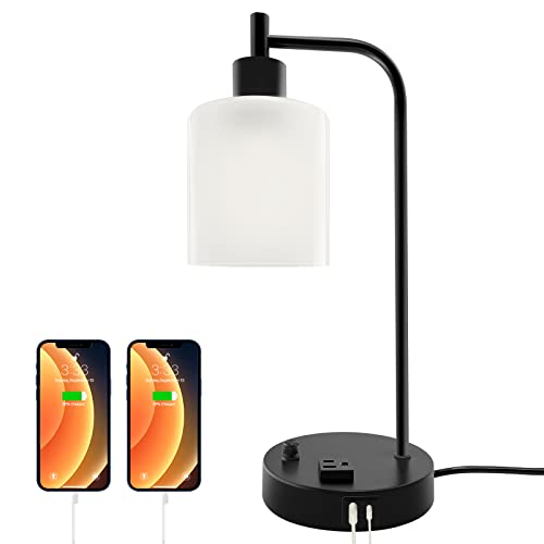 Industrial Table Lamp, Stepless Dimmable Gold Desk Lamp with 2 USB Ports and AC Power Outlet, Frosted GlassShade, Eye-Caring Bedside Nightstand Lamps(Some of The knobs are defective)