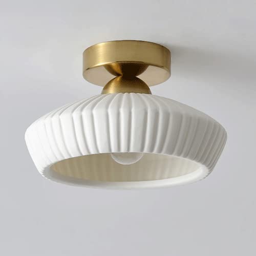 White Semi Flush Mount Ceiling Light, Mid Century Modern Close to Ceiling Light Fixtures, 8.6" Milk Glass Ceramic Pendant Lamp Shade, Farmhouse Lighting for Porch Hallway Kitchen Bedroom