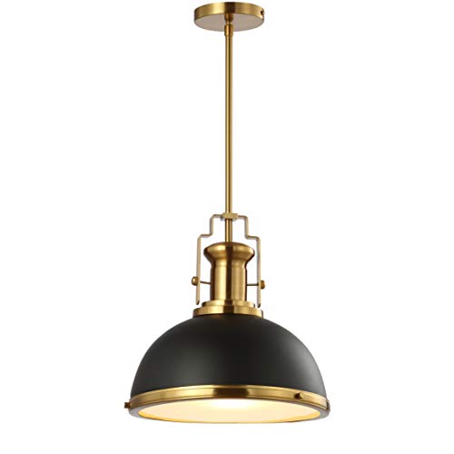 13" 1-Light Modern Industrial Iron LED Dome Pendant, Classic, Cottage, Farmhouse, Industrial, Rustic, Transitional, Office, Living Room, Kitchen, Foyer, Black/Brass Gold