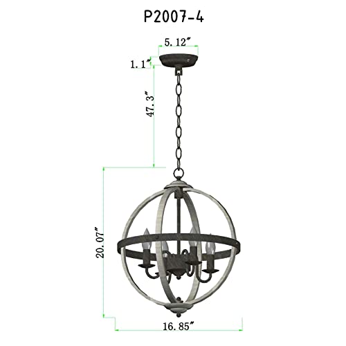 Farmhouse Chandelier,Industrial Rustic Globe Sphere Orb Chandelier Oak White 4 Lights for Dining Room Entryway Kitchen Island Foyer UL Listed