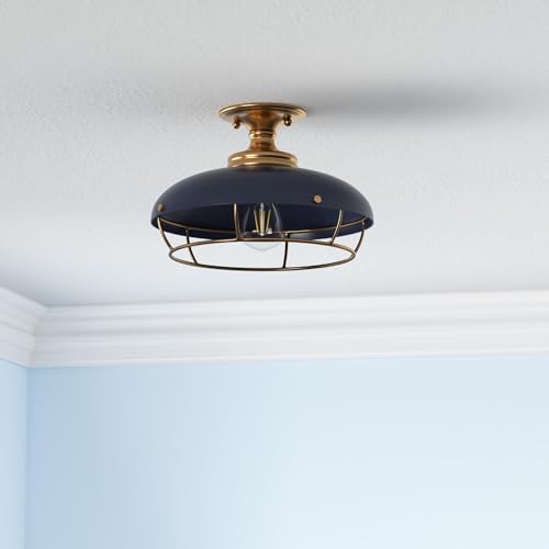 Caged Dome Metal Semi-Flush Mount Ceiling Light, Brushed Brass and Navy Blue