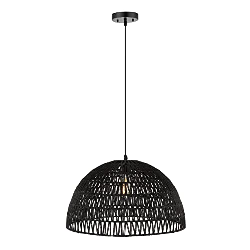 20" 1-Light Bohemian Modern Woven Rattan/Iron LED Pendant Farmhouse Coastal Adjustable Dining Room Living Room Kitchen Island Foyer Bedroom Hallway, Black