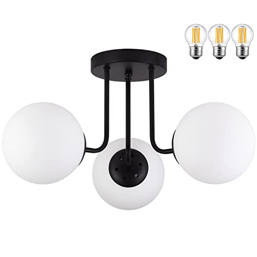 KoKo&Yukina 3-Light Semi Flush Mount Ceiling Light Globe Ceiling Light Mid Century Ceiling Light with Opal Milk Glass Globe & Brushed Brass for Bedroom Hallway Entryway Kitchen Living Room-Bulb Incl