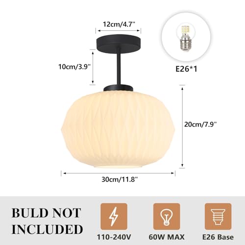 Semi Flush Mount Ceiling Light Mid Century Interior Ceiling Light with White Striation Glass Shade Gold Ceiling Light Fixture for Hallway Corridor Kitchen Bathroom