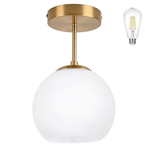 Gold Semi Flush Mount Ceiling Light Fixture with Clear Glass Light Fixture Mid Century Light Fixture Gold Semi Flush Ceiling Light Fixture for Dining Room Living Room Kitchen Island (Bulb Incl)