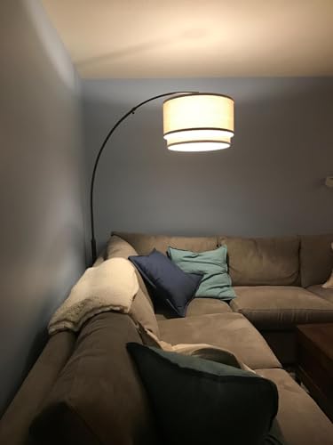 Modern Corner Standing Lamp with Unique Hanging Drum Lamp Shade for Living Room - Bright Overhead, Curved Hanging Light for Bedroom. Library, Den - Bronze