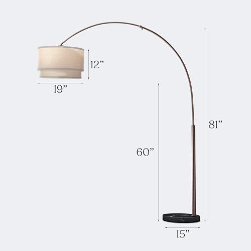 Modern Corner Standing Lamp with Unique Hanging Drum Lamp Shade for Living Room - Bright Overhead, Curved Hanging Light for Bedroom. Library, Den - Bronze