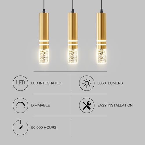 3-Light Hanging Pendant Light Fixtures, Modern Kitchen Island Light Fixture, 36W LED Pendant Lighting Dimmable Hanging Chandelier for Dining Room Bedroom Hallway, Gold Metal Pendant Lamp