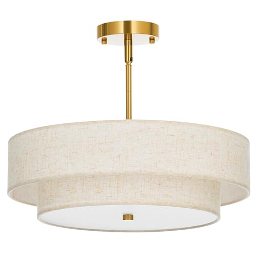 4-Light Drum Chandeliers, 18" Pendant Light Fixture with 2-Layer Fabric Shade E26 Bases, Adjustable Swivel Joint Hanging Light Fixture for Bedroom Living Room Kitchen Hallway, Antique Brass