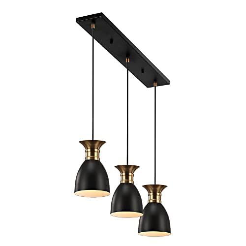 Linear 3-Light Metal LED Pendant Contemporary Dimmable Dining Room Living Room Kitchen Foyer Bedroom Hallway, Black/Brass Gold