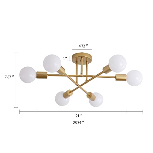 Gold Modern Sputnik Chandelier Ceiling Light Fixtures,6-Lights Industrial Metal Semi Flush Mount Ceiling Light for Bedroom Dining Room Living Room Kitchen Hallway UL Listed