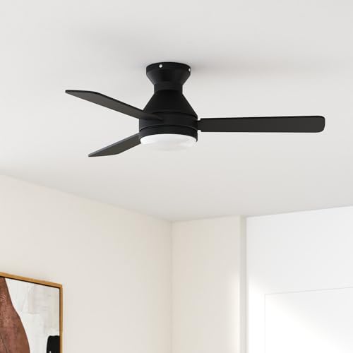 Ceiling Fans with Lights, 42 inch Low Profile Ceiling Fan with Light and Remote Control, Flush Mount, Reversible, 3CCT, Dimmable, Noiseless, Black Ceiling Fan for Bedroom, Indoor/Outdoor Use