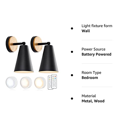 Wood Battery Operated Wall Sconce, IR Remote Control Battery Operated Sconces, Matte Black Battery Operated Wall Sconce, Wall Lights Battery Operated for Bedrooms, Living Room