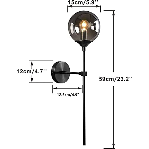 Lighting Modern Smoke Grey Glass Globe Black Matte Slim Wall Sconce Light with Long Arm Vintage Industrial Wall Sconce for Hallway, Stairs, Bathroom Mirror