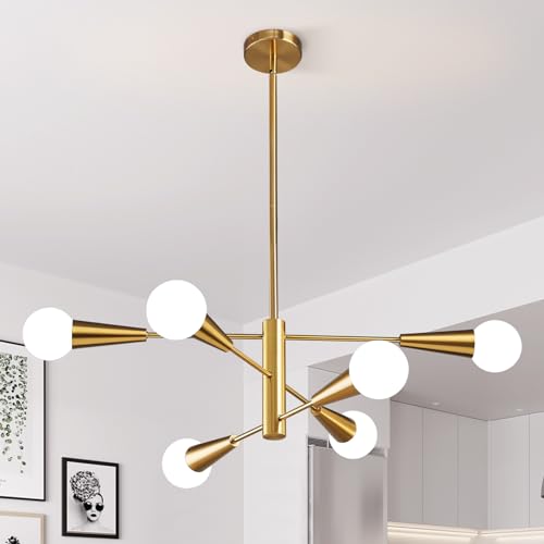 Sputnik Chandelier Modern Gold Chandelier 6-Light E26 Mid Century Ceiling Light Fixture Height Adjustable Hanging Pendant Lighting for Dining Room Kitchen Island Bedroom Office