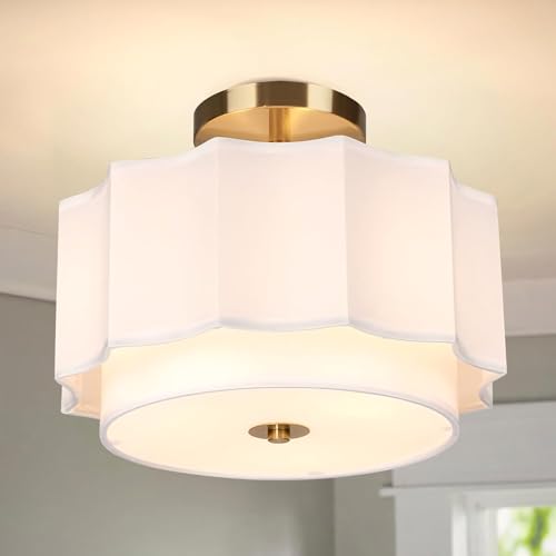 Modern Semi Flush Mount Ceiling Light - Easric Light Fixtures Ceiling Mount Hallway Light Fixtures Ceiling with Black 2-Layer Fabric Shade Drum Ceiling Lights for Bedroom,Dining Room,Kitchen,Foyer